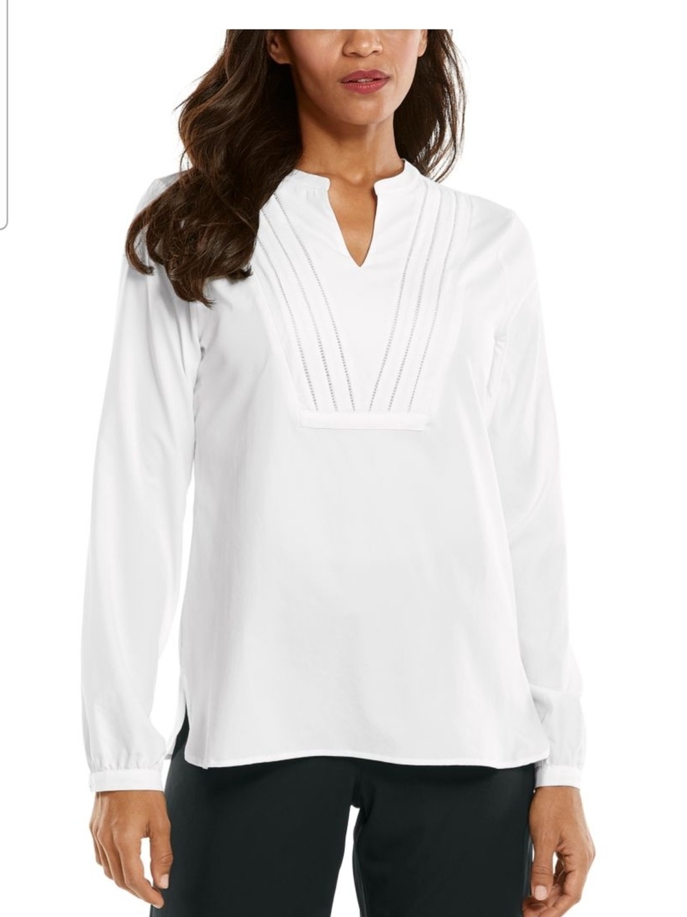 Coolibar White Split-Neck Pintuck Tunic Blouse